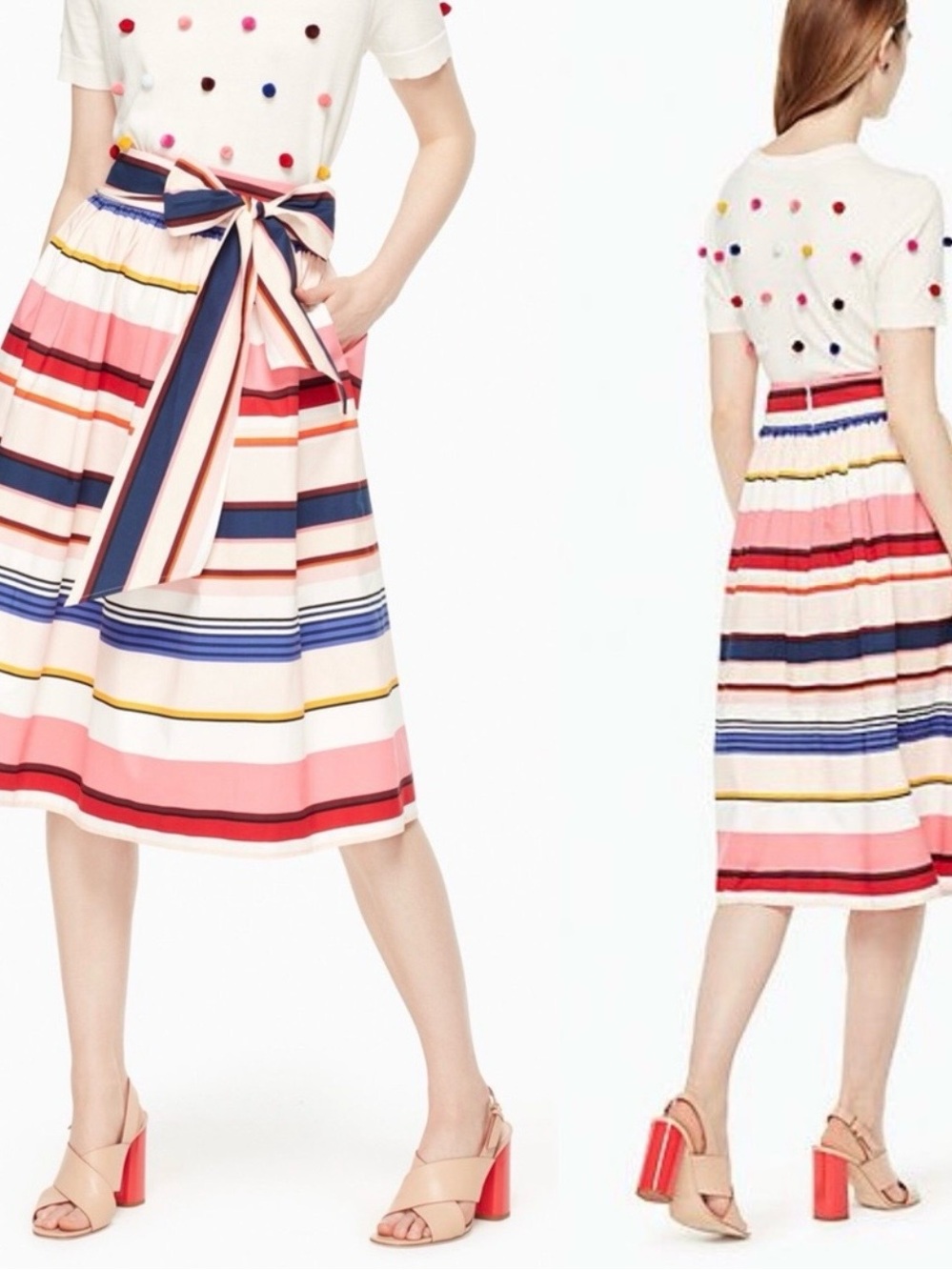Kate Spade Pink & Navy Striped Midi Skirt with Waist Tie